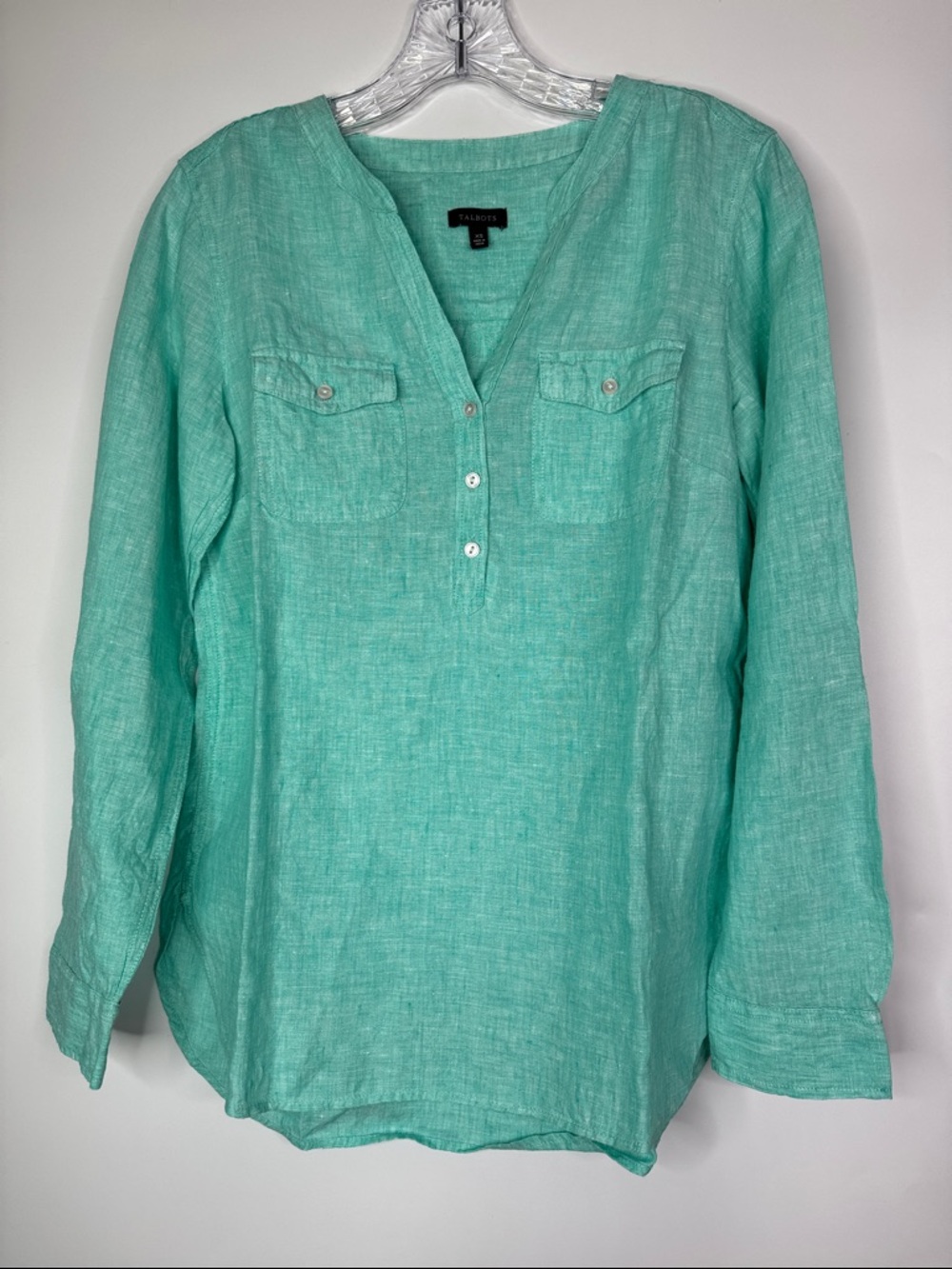 Talbots Turquoise Aqua Blue Linen Long Sleeve Henley Shirt Size XS
